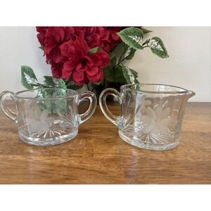 Vintage Pressed Glass Cream and Sugar Set Floral Etched‎ Clear MCM Dining